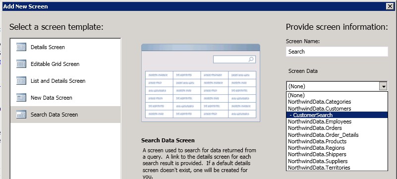 LightSwitch Search Screen and Databinding
