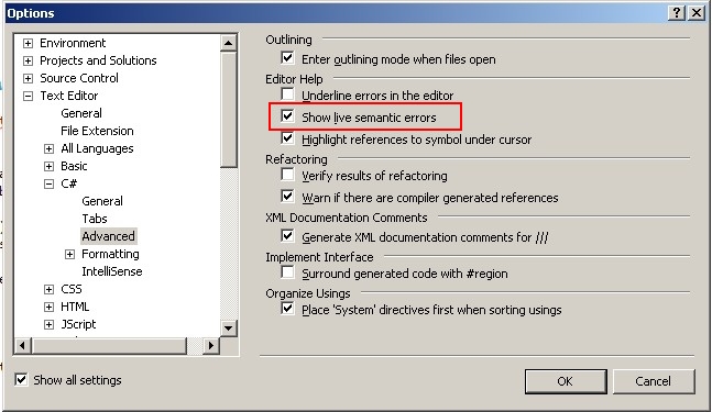 Hidden option for C# to enable real time ERRORS