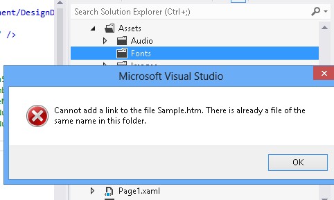 Visual Studio Error: Cannot add link to the file XXX. There is already file of the same name in this folder